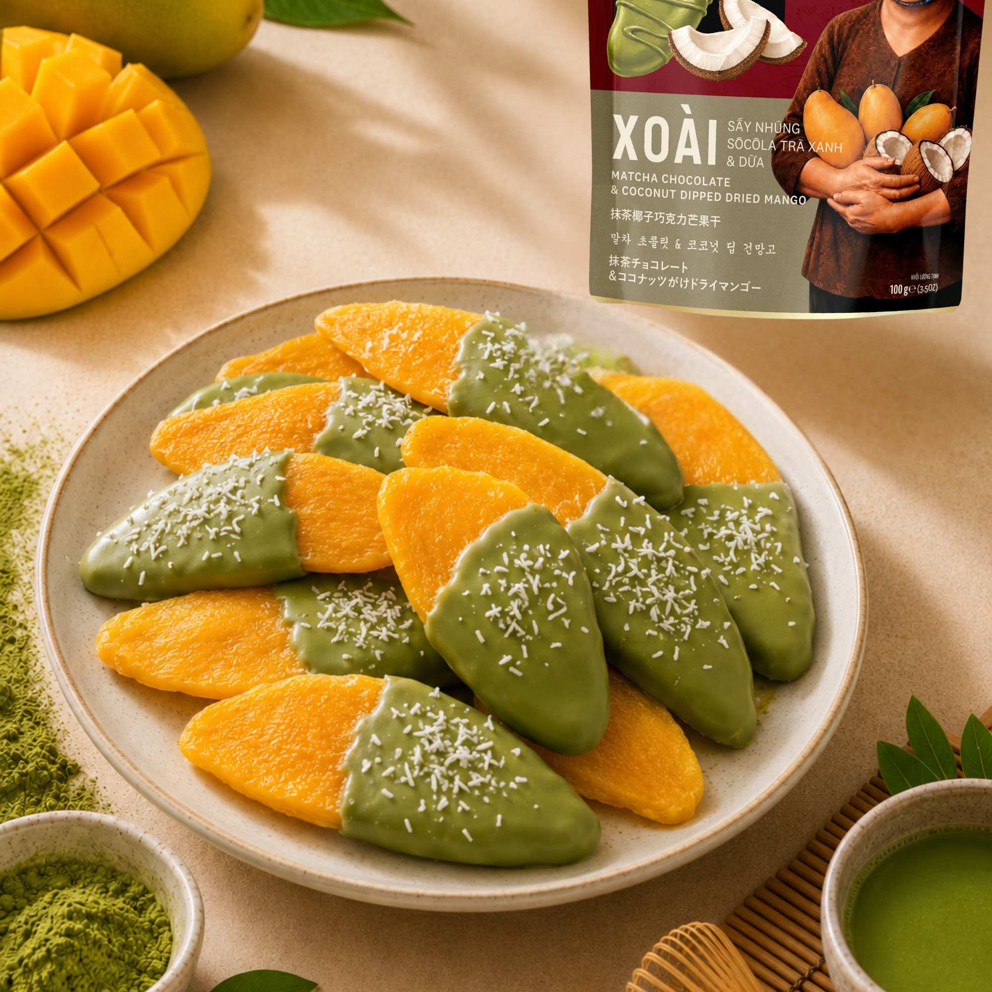 MATCHA CHOCOLATE & COCONUT DIPPED DRIED MANGO